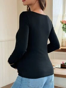 DAZY Áo thun bầu ôm sát màu trơn, tay dài co giãn, cổ vuông, phong cách thường ngày cho mùa xuân thu - màu đen - Xem 2