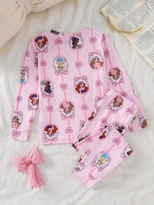 女童蝴蝶結印花長袖上衣與長褲修身套裝，秋冬居家休閒服 - 彩色 - 查看 3