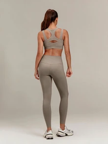 GLOWMODE Seamless Summer Glow Racerback Sports Bra With Mock 2-In-1 Push-Up Design & Removable Cups Low Impact Yoga Pilates Studio Active Wear - Khaki - View 7