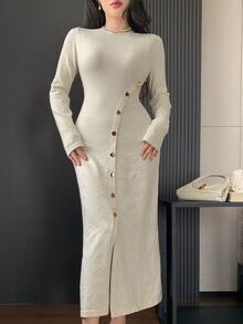 Modelyn Women's Designer Button-Front Round Neck Long Sleeve Dress, Autumn/Winter - Apricot - View 5