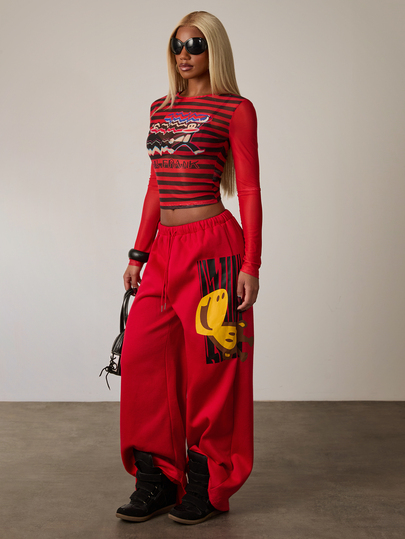 Eshe Glo Paul Frank X SHEIN Women's Casual Printed Drawstring Loose Pants/Red Trousers / Casual Trousers / Patterned Trousers / Street-Pants / Festive Pants / Concert Pants