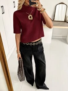 Siren Gaze 女款休閒百搭高領短版針織毛衣，適合秋冬，舒適保暖，酒紅色/波爾多紅聖誕休閒百搭款 - 酒紅色 - 查看 5