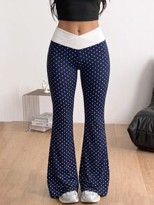 SHEIN Velisys Women's Casual Polka Dot Print Patchwork Flare Pants - Coffee Brown - View 7