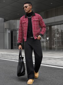 Manfinity CasualCool 男士休閒格紋拉鍊夾克，適合日常外出與朋友聚會，送給男友或丈夫的理想禮物，秋季風格，聖誕老錢風 - 彩色 - 查看 5