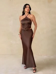 SHEIN Tall Brown Contrast Lace Halter Top And Long Skirt Set, 2 Pieces Vacation Casual Outfit - Coffee Brown - View 7