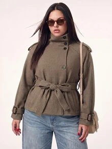 Comfortcana Plus Size 26 Autumn/Winter Vintage Plaid Wool Parka Short Coat Jacket - Coffee Brown - View 5