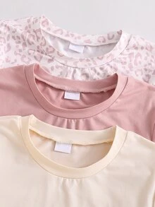 SHEIN مجموعة 3 قطع للبنات بأسلوب لطيف، تي شيرت علوي بأكمام طويلة مطبوع باللون الأبيض والوردي الفاتح والأبيض العاجي، بتصميم مجعد، بقصة ضيقة وياقة دائرية، تي شيرت محبوك كطبقة أساسية للمدرسة والخريف، لطيف - وردي - مشاهدة 4