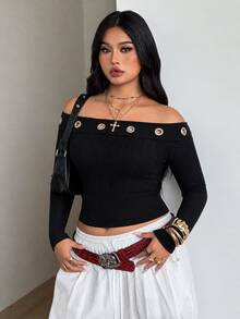 Coolane 女款大尺碼秋冬優雅正式基礎日常休閒彈性開肩長袖黑色上衣，飾有金屬孔眼，萬聖節穿搭 - 黑色 - 查看 3
