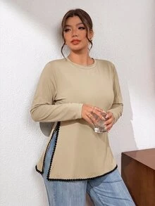 Lounesse 大尺碼女款圓領針織條紋T恤 側開衩設計 休閒柔軟修身得體 正式度假辦公穿搭 黑白配色 秋冬款 - 卡其色 - 查看 6