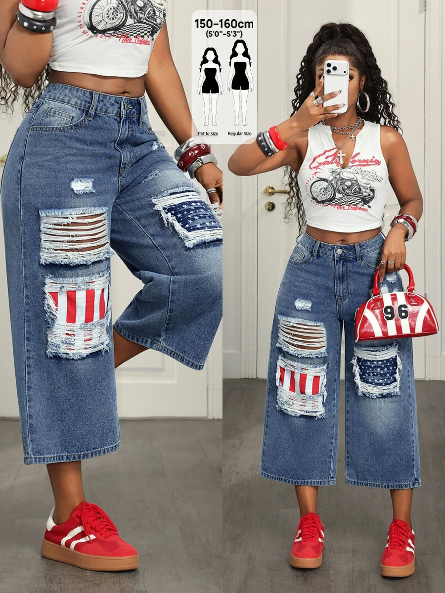 Jeanoix Petite Women's Distressed Pocket Loose Y2K Denim Capris - Medium Wash - View 1