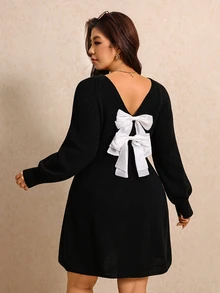 Elaquor Plus Size Women Bowknot Decor Casual Daily Knit Dress - Black - View 1