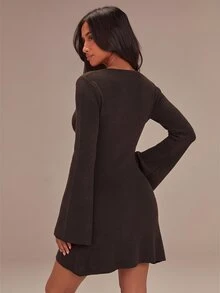 Athîral Women's Solid Color Casual Daily Knit Dress - Coffee Brown - View 3