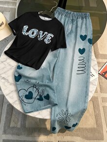 SHEIN 青少年女孩 T-shirt 套裝，夏季穿搭，六年級正式白色皇家藍街頭風 Y2K - 黑色 - 查看 1