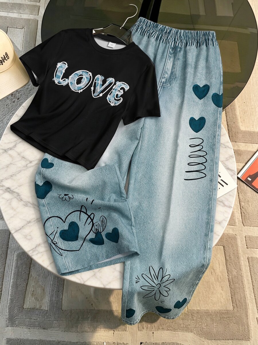 SHEIN 青少年女孩 T-shirt 套裝,夏季穿搭,六年級正式白色皇家藍街頭風 Y2K - 黑色 - 查看 1