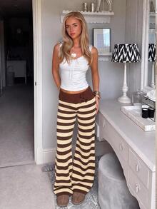 CovetEZ Women's Korean Style Button Striped Colorblock Knit Pants - Multicolor - View 3