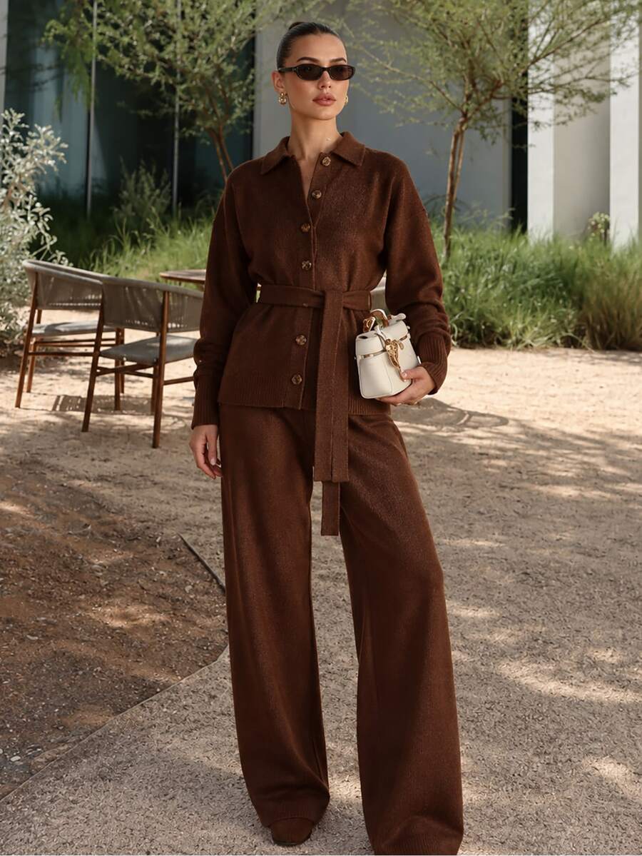 CLARA VERO طقم محبوك بياقة قميص وحزام بني، للمكتب أو الشارع، بأزرار أمامية، بنطال بالازو، ربطة خصر - بني - مشاهدة 1