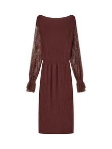 LUMIGAL Women's Lace Patchwork Front Slit Sweater Dress - Coffee Brown - View 3