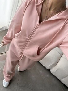 Livesso Women's Casual Solid Color Zip-Up Hoodie And Pants 2 Pieces Set - Pink - View 4