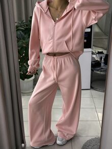 Livesso Women's Casual Solid Color Zip-Up Hoodie And Pants 2 Pieces Set - Pink - View 1