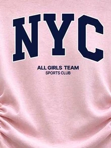 青少年女孩 2 件組 NYC 字母印花長袖上衣與寬腿長褲套裝，粉色海軍藍，秋季服飾 - 彩色 - 查看 6