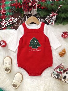SHEIN Baby Girl Letter Pattern Casual Daily Knit Romper - Red - View 5
