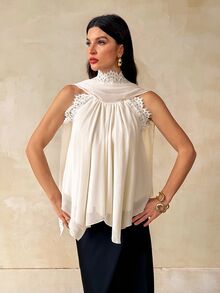 SHEIN Tall بلوزة نسائية أنيقة من الشيفون والدانتيل مع تطريز وتفاصيل كشكشة على الياقة - لون مشمشي - مشاهدة 4