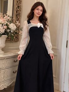 青少年優雅迷人秋冬黑色喇叭袖百合緞面修身晚禮服，適合派對、宴會、聖誕節、婚禮、花童、舞會、度假、畢業典禮、返校及其他場合 - 黑色 - 查看 6