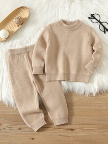 SHEIN 2件組嬰兒男孩/女孩秋冬加厚抓絨內裡圓領長袖套頭毛衣與鬆緊腰長褲套裝 - 卡其色 - 查看 2