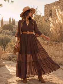 SHEIN VCAY Plus Size Women's Solid Color Notch V-Neck Bell Sleeve Elegant Dress - Coffee Brown - View 3