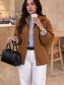 Easura Women's Plus Size Vintage Casual Hooded Zip-Up Short Loose Versatile Commute Jacket, Autumn/Winter - Brown - View 3