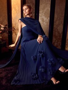 MOTF Soiréza ELEGANT NAVY BLUE STRAPLESS MAXI DRESS WOMEN 3D FLOWER CHIFFON LACE UP BACK EVENING GOWN - Navy Blue - View 1