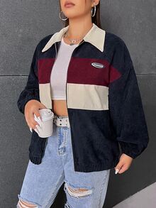 SHEIN EZwear جاكيت مقاس كبير بتصميم كتل لونية مع سحاب، جاكيت كتل لونية خريف/شتاء للنساء، جاكيت مخمل، جاكيت قصير، جاكيت Y2k - عنابي اللون - مشاهدة 3
