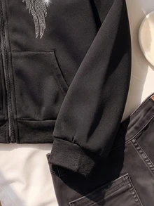 SHEIN 1件青少年女孩休閒極簡字母印花口袋拉鍊連帽長袖衛衣外套，街頭風，秋冬必備 - 黑色 - 查看 4