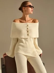 CLARA VERO Off Shoulder Palazzo Knit Set, Evening Or Dinner, Folded Neck, Flare Sleeve, Asymmetric Front - Cream - View 7