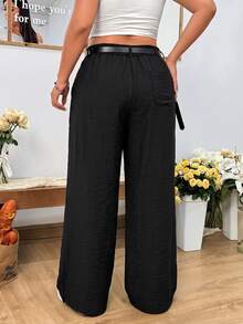 Solflare Plus Size Women's Pleated Pocket Straight Leg Loose Black Pants - Black - View 2