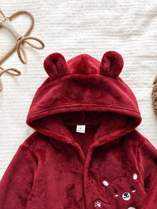LMoss Kids 小男孩卡通熊刺繡法蘭絨連帽家居服，酒紅色收腰設計，柔軟毛絨面料，寬鬆版型，適合小男孩秋冬居家洗浴晨袍 - 彩色 - 查看 4