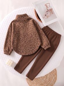 Young Girls Pink Leopard Print Half-Zip Stand Collar Sweatshirt Set With Curved Hem And Elastic Cuffs, Sweet Casual Style - Multicolor - View 2