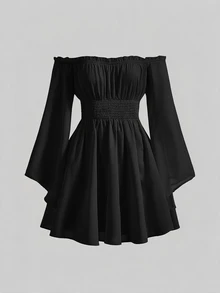 SHEIN Girlism 青少年女孩純色露肩收腰梭織洋裝童裝 - 黑色 - 查看 8