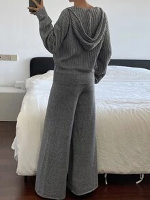 Livesso Women's Solid Color Drop Shoulder Long Sleeve Hoodie Sweater And Knit Pants Casual Set - Dark Grey - View 2