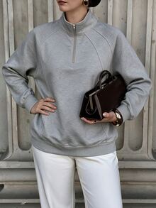 Easura Plus Size Women's White Floral Grey Raglan Sleeve Half-Zip Stand Collar Sweatshirt, Loose Fit Raglan Sleeve, Minimalist Versatile Top For Commuting And Shopping, Autumn/Winter - Grey - View 4