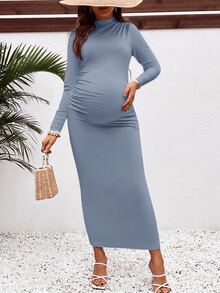 SHEIN 孕婦日常休閒立領修身長版拍照洋裝，秋季洋裝，教師穿搭 - 藍色 - 查看 1