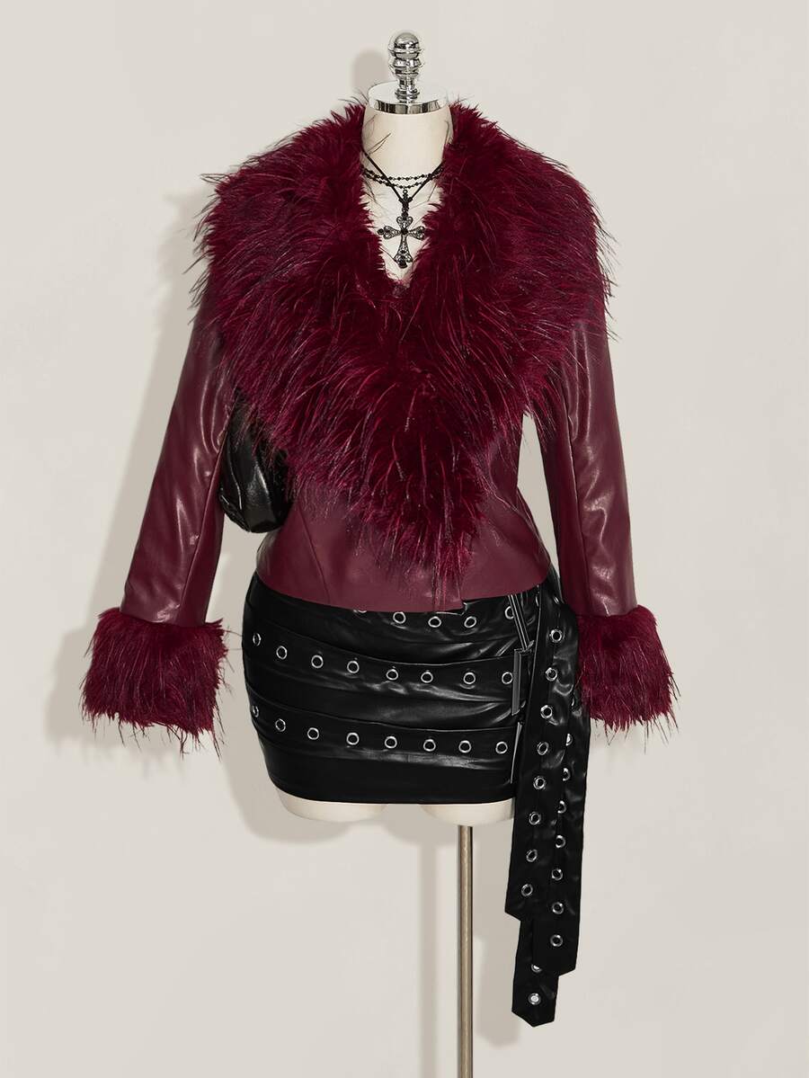 SHEIN ICON Women's Plus Size Faux Fur Patchwork Red Leather Jacket - Red - View 1
