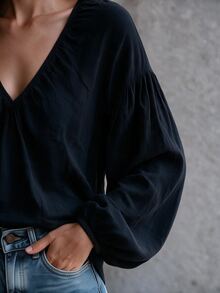 SHEIN LUNE CURVE Plus Size V-Neck Gathered Texture Cotton-Feel Blouse, Loose Lantern Elastic Cuffs Long Sleeve, Casual Vacation Style Ruched Shirt - Black - View 4