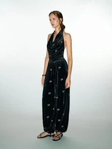 MOTF PREMIUM Velvet Beaded Lantern Sleeve Jumpsuit With Cowl Neck, Autumn/Winter - Black - View 3