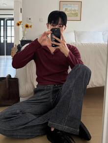 DAZY 男士白色羅紋布料長袖圓領半開鈕扣素色T恤 秋季 - 酒紅色 - 查看 5
