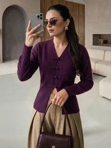 Mulvari Women's V-Neck Design Frog Button Autumn/Winter Long Sleeve Cardigan Burgundy Vintage Fall/Winter Christmas Going Out - Purple - View 1