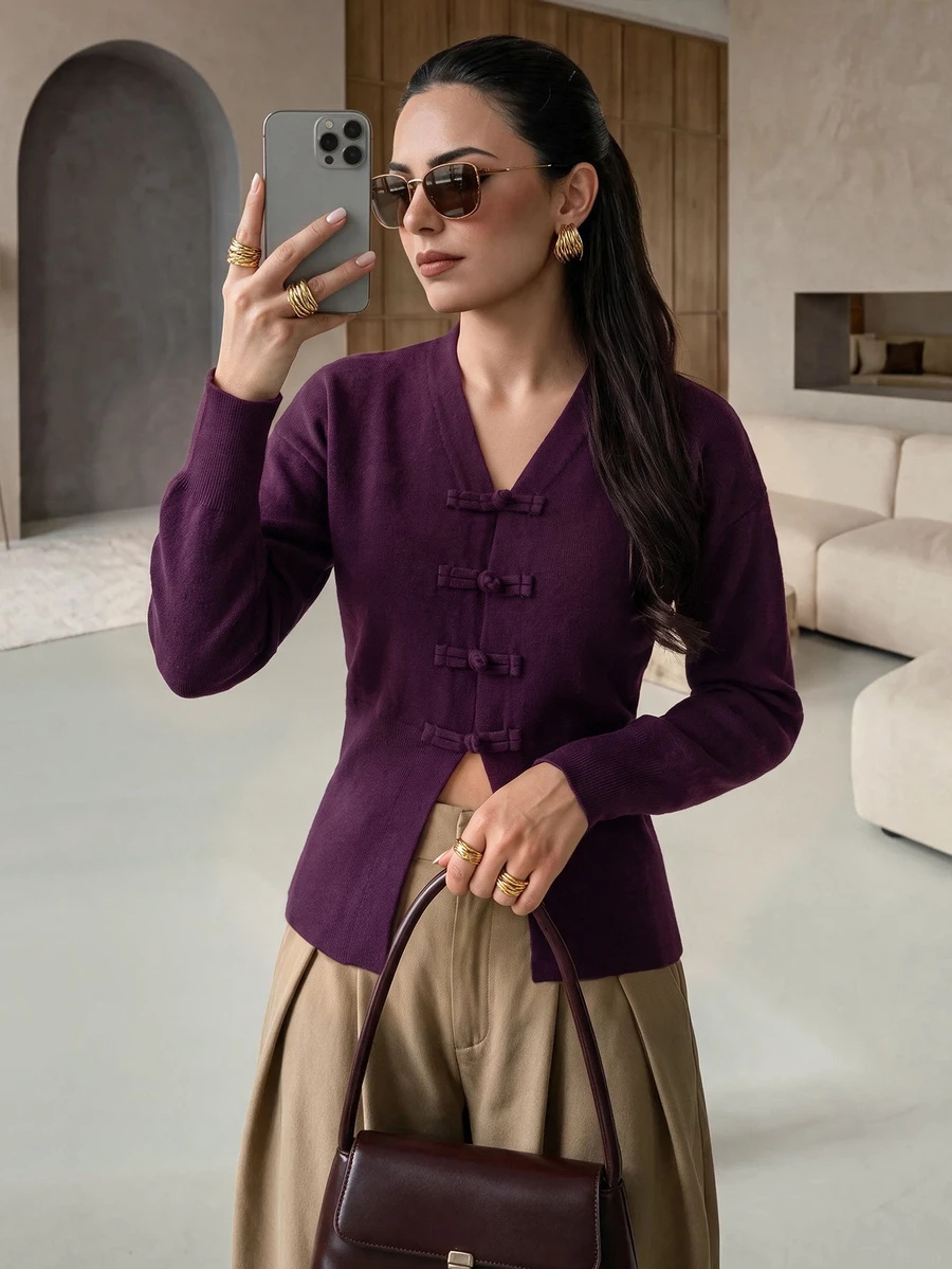 Mulvari Women's V-Neck Design Frog Button Autumn/Winter Long Sleeve Cardigan Burgundy Vintage Fall/Winter Christmas Going Out - Purple - View 1