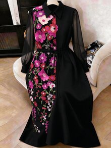 Formidée Plus Size Minimalist Elegant Embroidered Mesh Sleeve Tie Waist Women's Dress Fall - Hot Pink - View 1