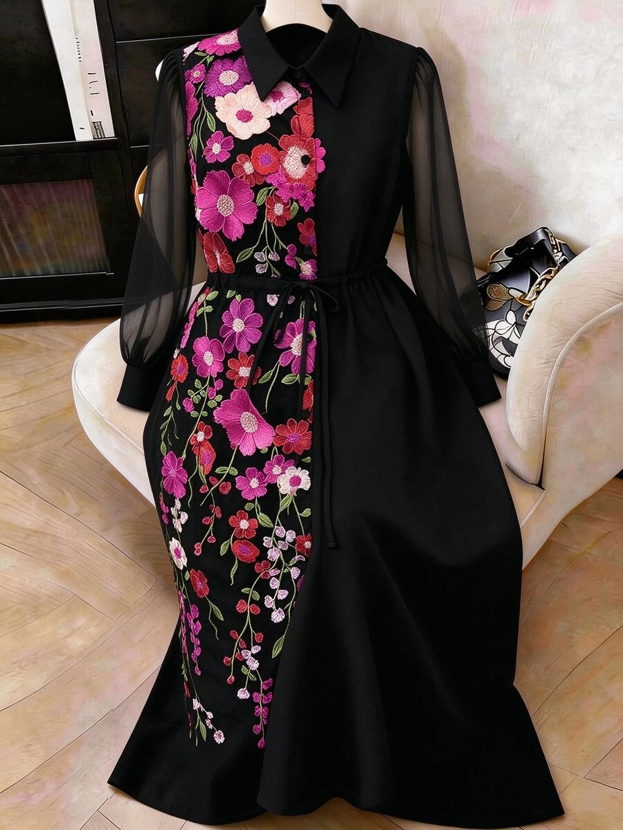 Formidée Plus Size Minimalist Elegant Embroidered Mesh Sleeve Tie Waist Women's Dress Fall - Hot Pink - View 1