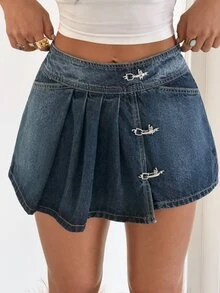 Jeanoix Women's Y2K Fashion Metal Buckle Washed Denim Skirt - Dark Wash - View 4